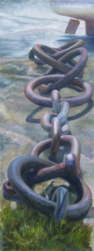 oil painting of chains on a harbour wall by Carole King